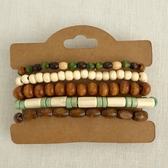 Set Of 5 Wooden Beaded Stretch Bracelets Mixed Natural Colors Bohemian Jewelry - Picture 8 of 8